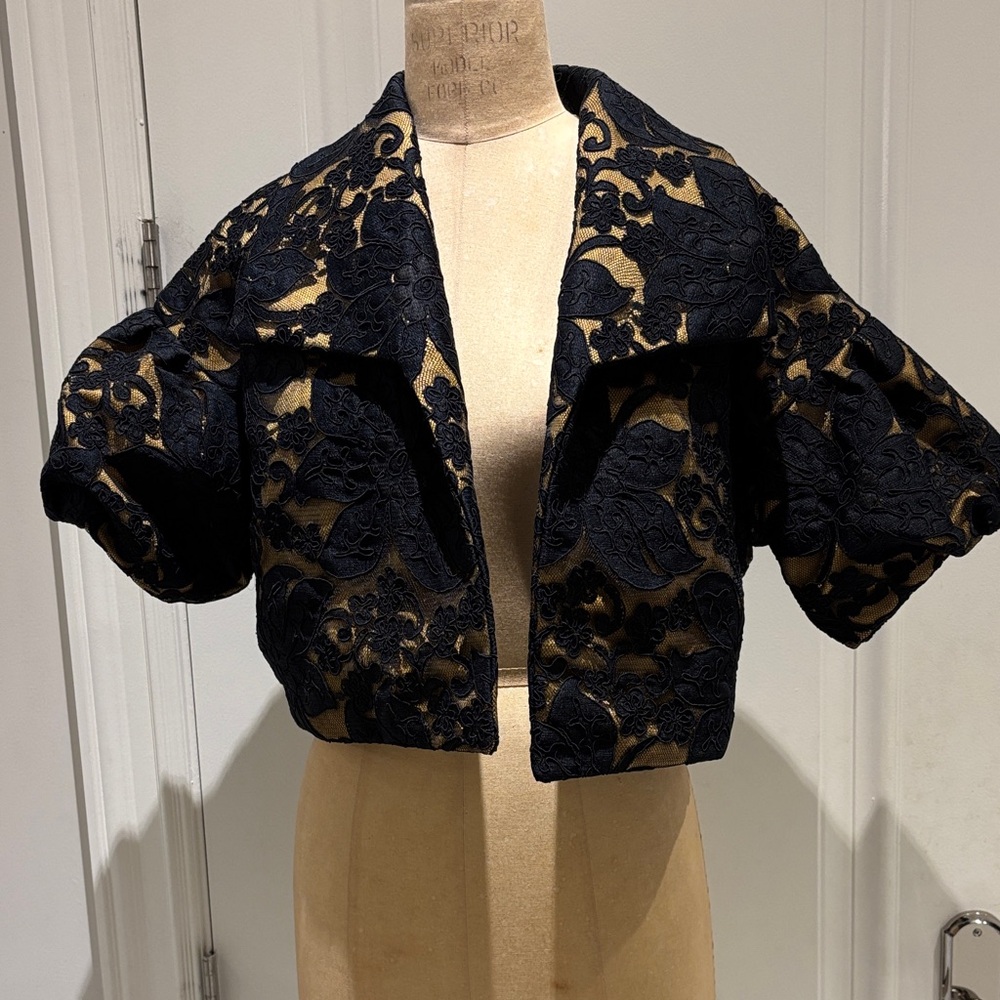 Donna Karen Black lace jacket lined with mustard gold NWOT